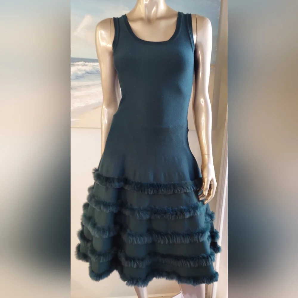 $5,200 OSCAR DE LA RENTA ICONIC GREEN KNIT FUR RUNWAY DRESS JACKET SET US M